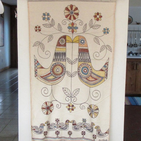 Vintage 1970s hand painted felt wall hanging birds & flowers artist signed